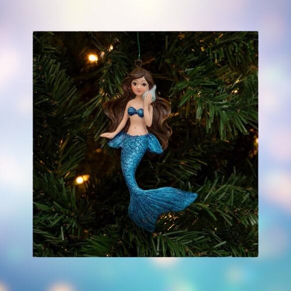 Mermaid Ornament Flowing Hair Blue Tail Christmas Tree Beach Nautical - Picture 2 of 2